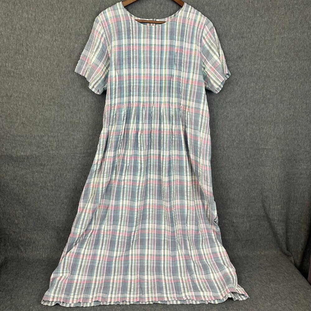 Vintage 220 Hickory Pastel Seersucker Midi Dress Short Sleeve Sz M Light Spring